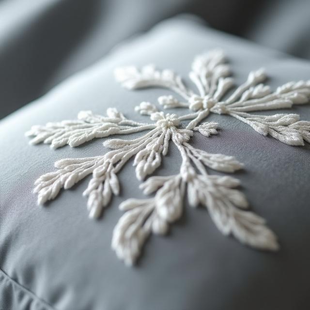 Detailed close-up of intricate white embroidery on a slate grey cushion.